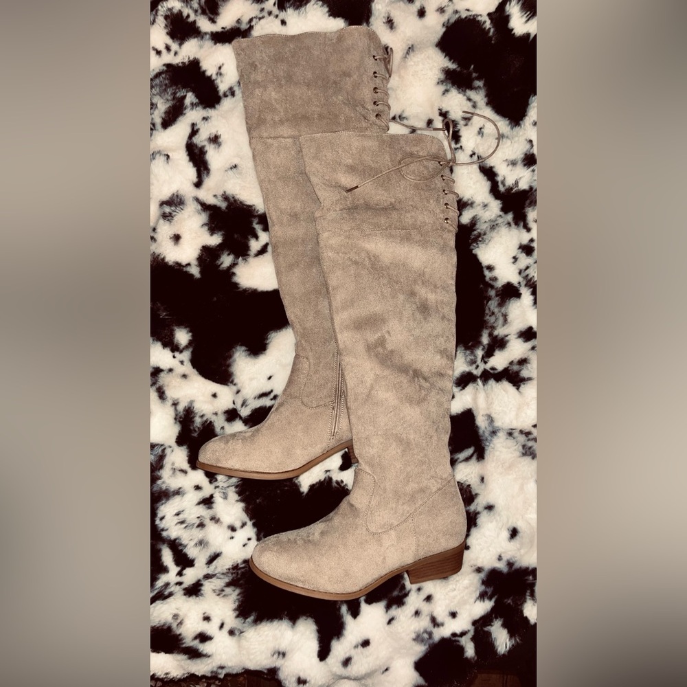 Hawkwell Over the Knee Suede Boots in Beige